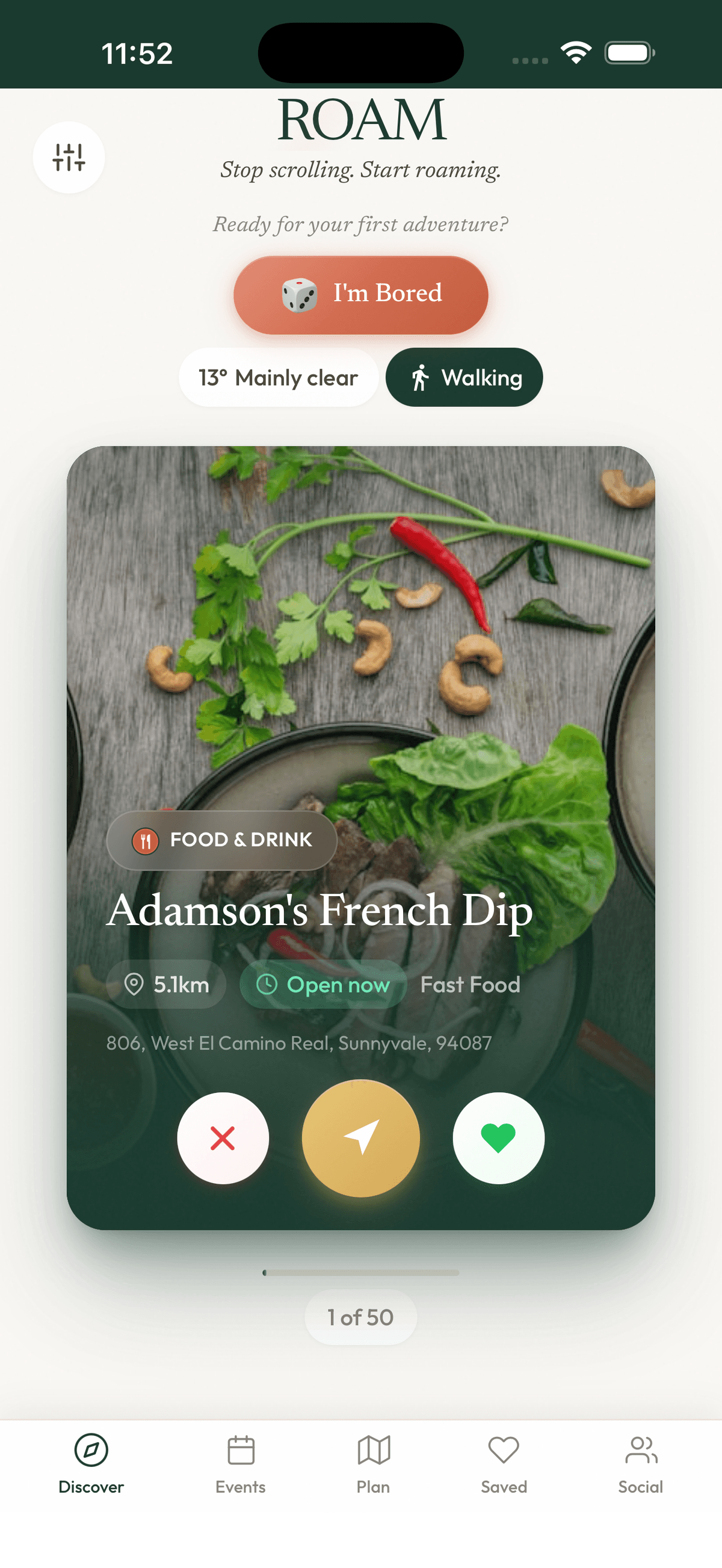 ROAM swipe card showing Adamson's French Dip